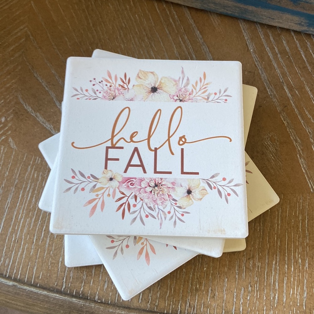 NEW! Shabby Chic Hello Fall Floral Autumn Harvest Ceramic Stoneware Coaster Set - Picture 4 of 10